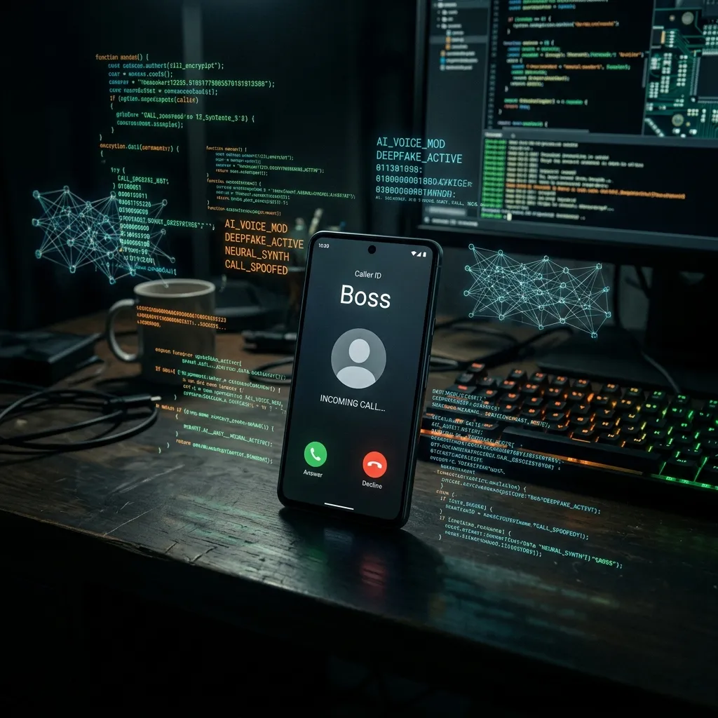 Smartphone displaying a spoofed incoming call surrounded by AI neural network code patterns in a dark room