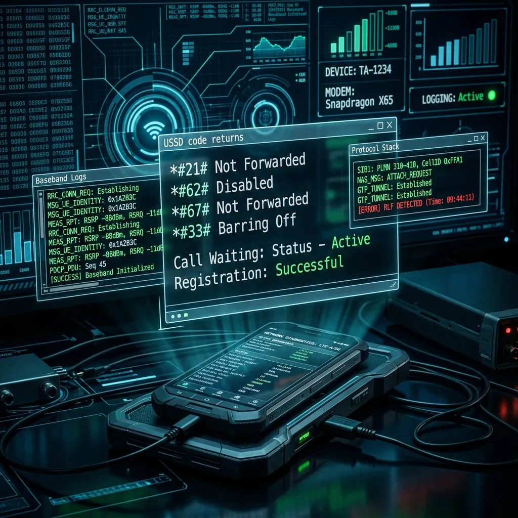 Smartphone audit displaying digital forensic streams of system telemetry on a multi-screen workstation