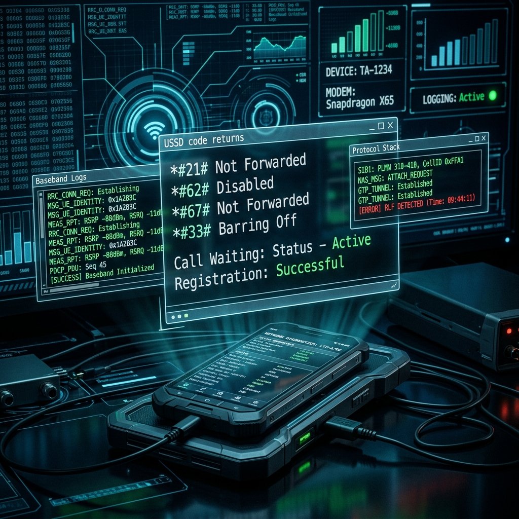 Smartphone audit displaying digital forensic streams of system telemetry on a multi-screen workstation