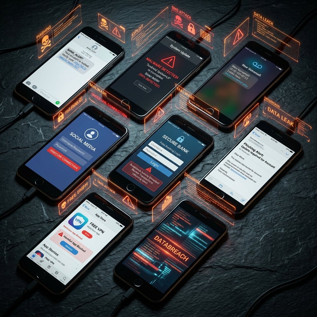 Multiple smartphones on a dark surface showing phishing SMS messages, fake application screens, and suspicious voicemail alerts with floating digital threat indicators