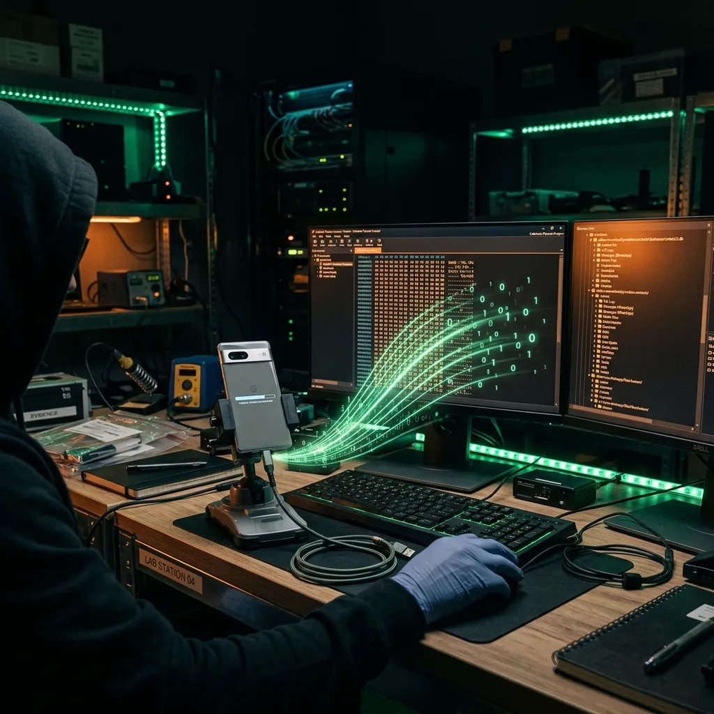 Digital forensics workstation with a smartphone connected to analysis equipment showing hex data extraction streams in a dark lab environment