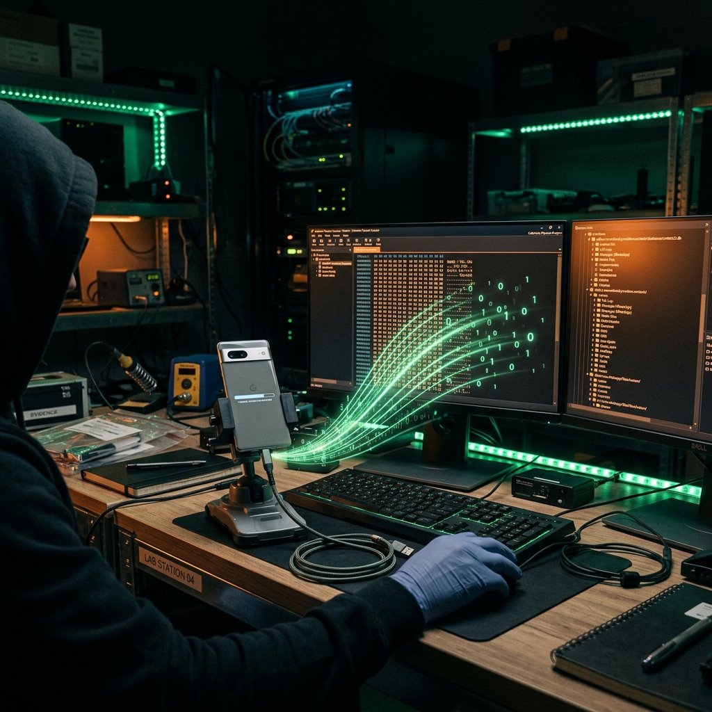 Digital forensics workstation with a smartphone connected to analysis equipment showing hex data extraction streams in a dark lab environment