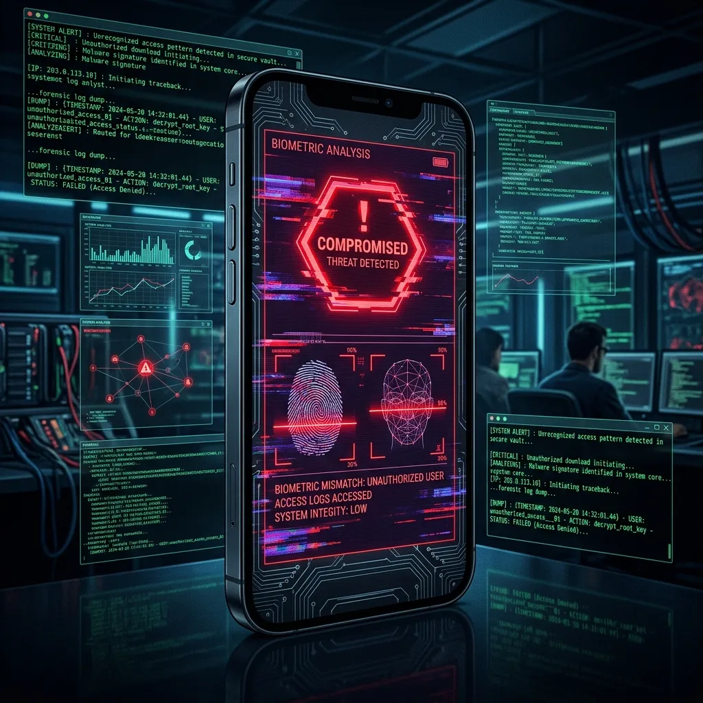 Smartphones displaying cellular security screens with cyber threat indicators overlaying a dark server background