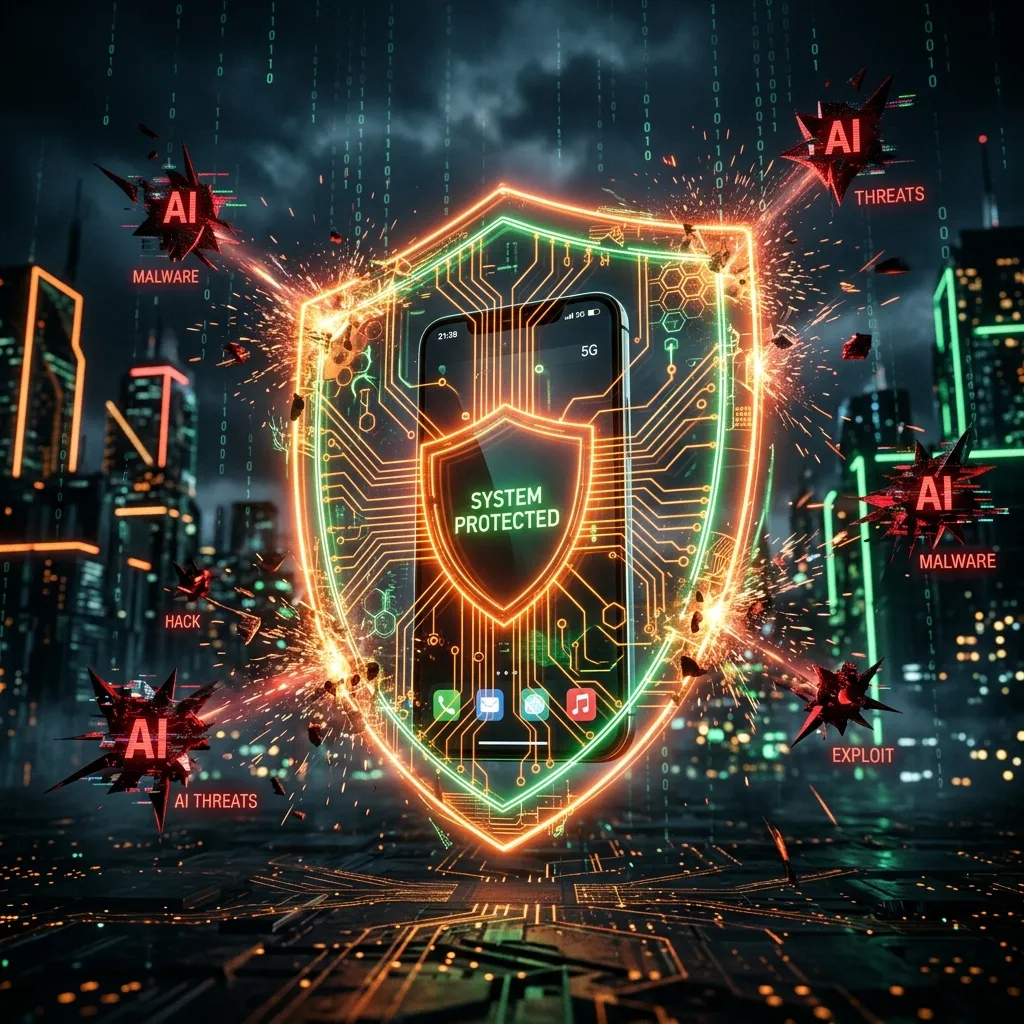 Smartphone guarded by an automated cryptographic shield with digital security rain in the background