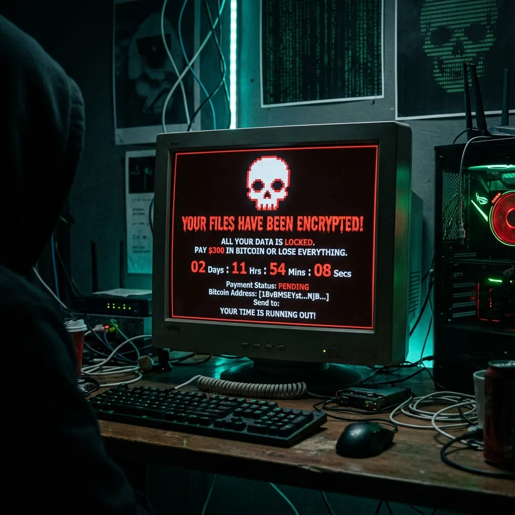 Close-up of a computer monitor displaying a classic red and black ransomware warning screen with a skull logo and a countdown timer