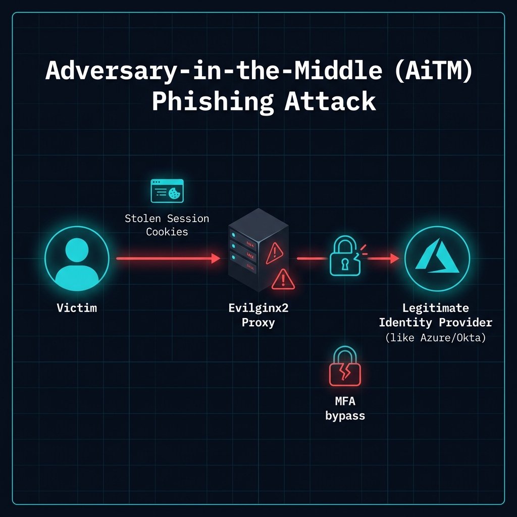 Adversary-in-the-Middle attack flow diagram showing victim to Evilginx2 proxy to legitimate identity provider, intercepting session cookies to bypass MFA