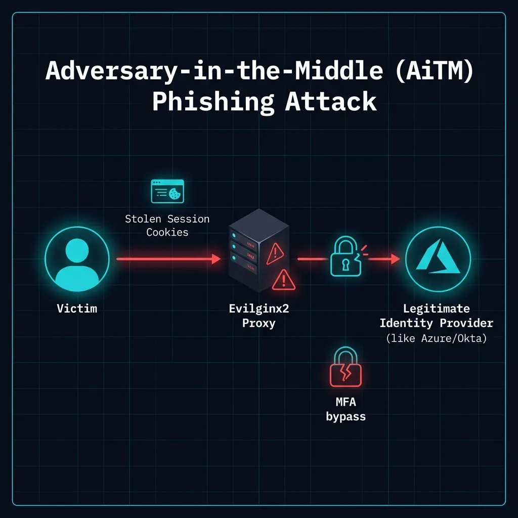 Adversary-in-the-Middle attack flow diagram showing victim to Evilginx2 proxy to legitimate identity provider, intercepting session cookies to bypass MFA