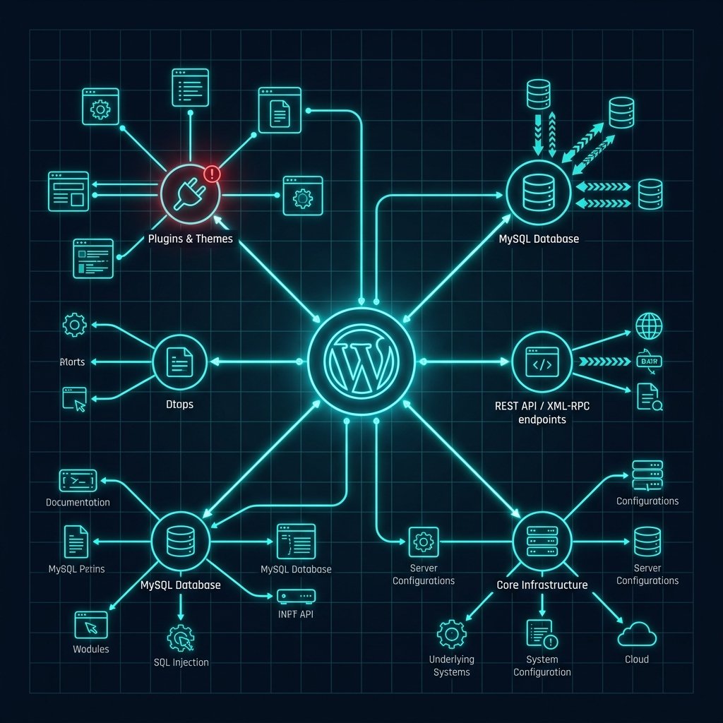 WordPress attack surface diagram illustrating core vulnerabilities, plugin exploit vectors, MySQL injection paths, and API interconnectivity