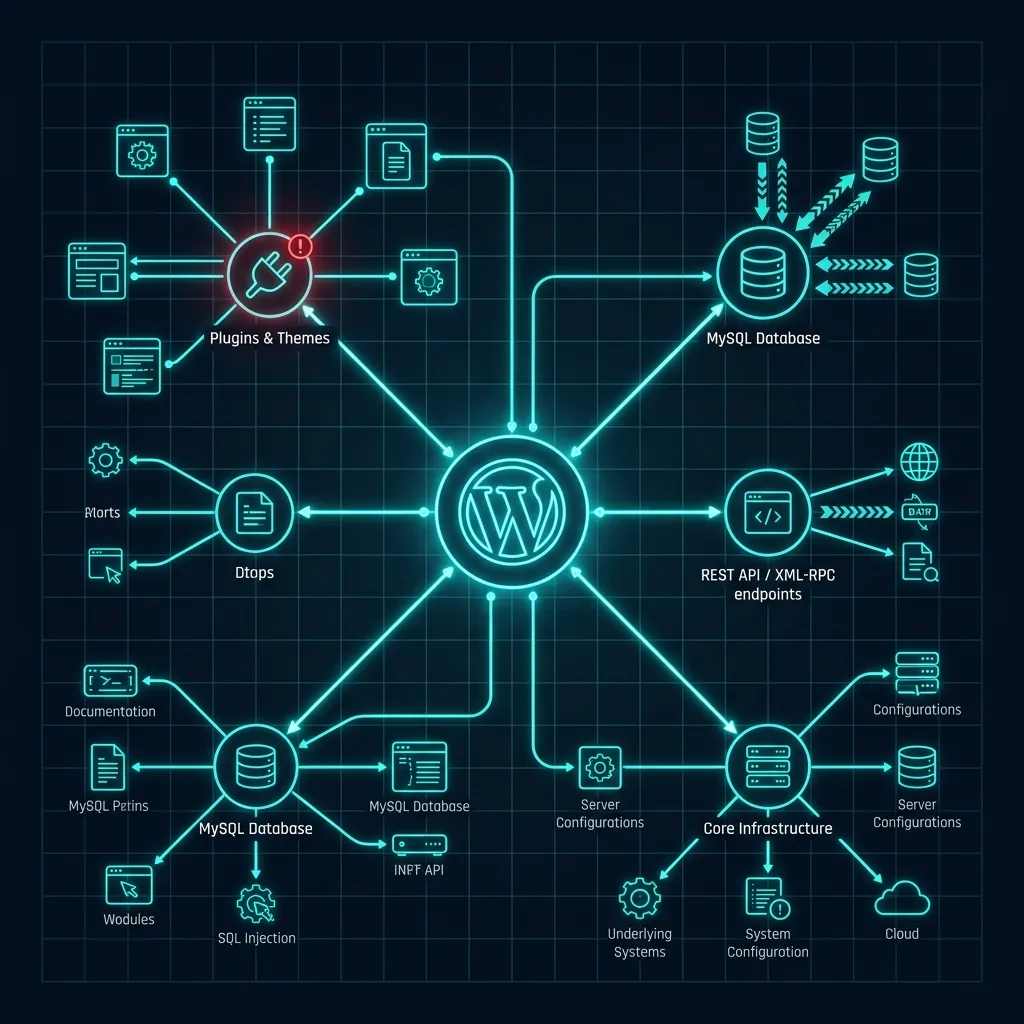 WordPress attack surface diagram illustrating core vulnerabilities, plugin exploit vectors, MySQL injection paths, and API interconnectivity