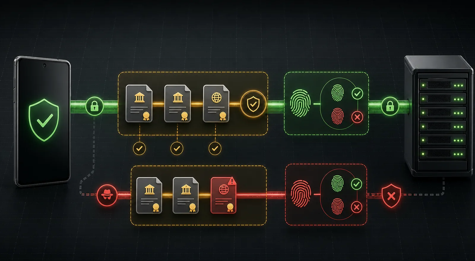 Android certificate chain and application pin comparison flow