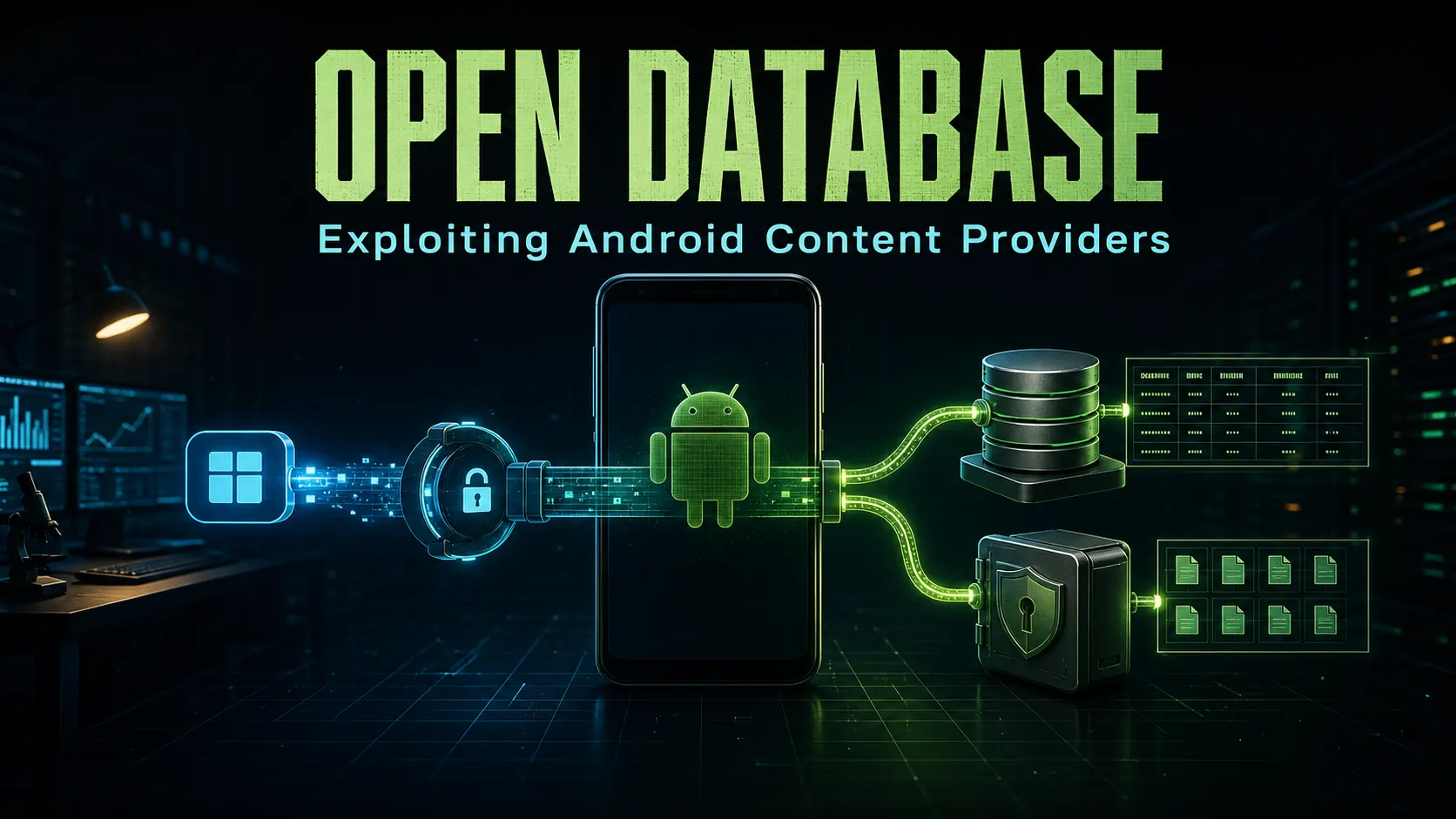 Open Database tutorial banner illustrating Android Content Provider exploitation