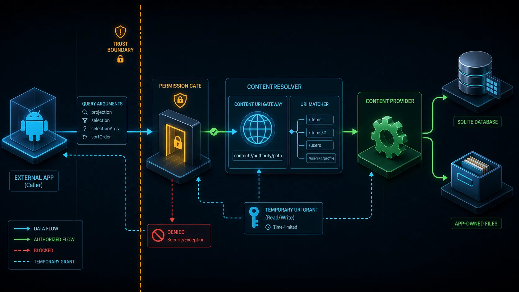 Android Content Provider trust boundary from external caller to database and files