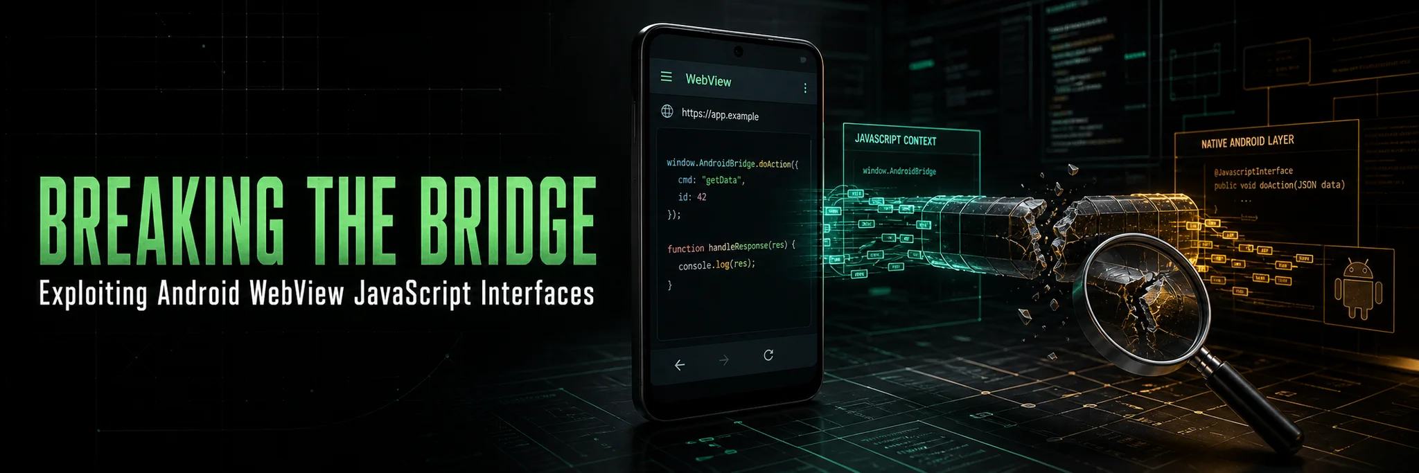 Breaking the Bridge tutorial banner showing an Android WebView JavaScript interface under analysis
