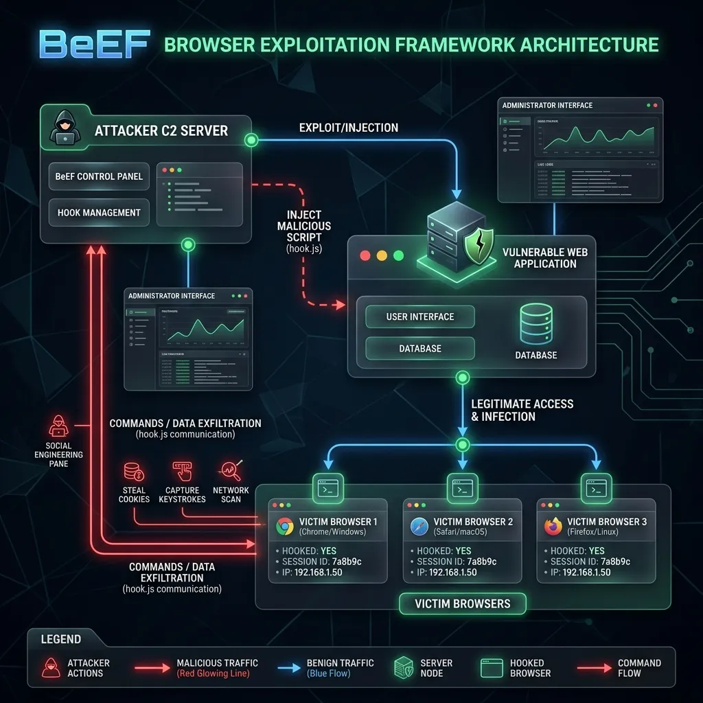 BeEF Hook Deployment and C2 Communication Flow via Cross-Site Scripting (XSS)