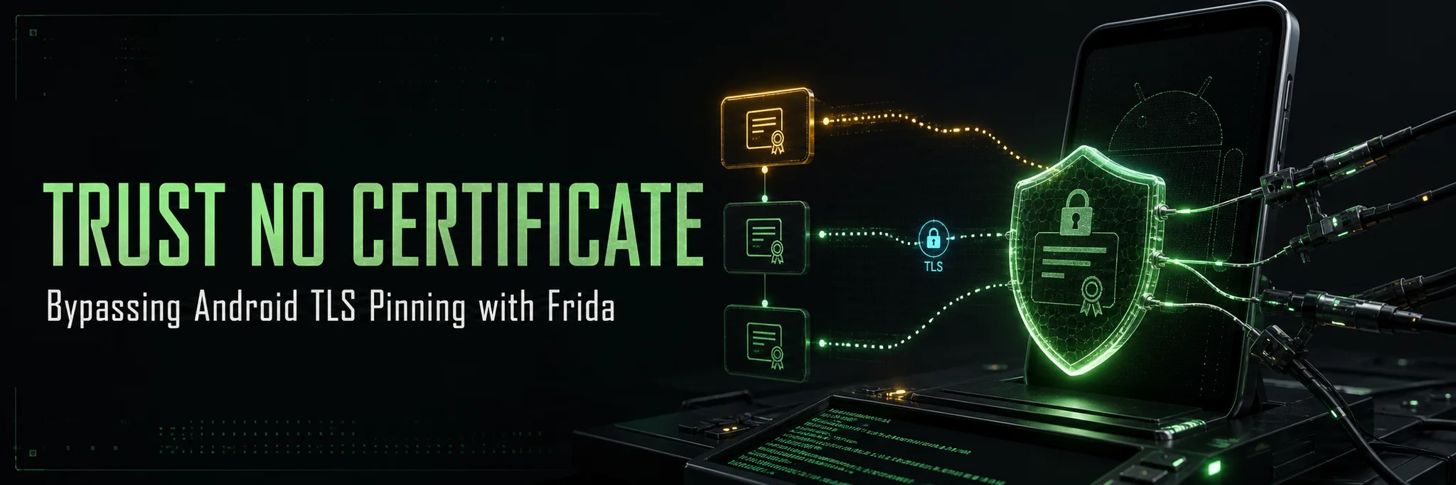 Trust No Certificate tutorial banner showing Android TLS pinning analysis with Frida